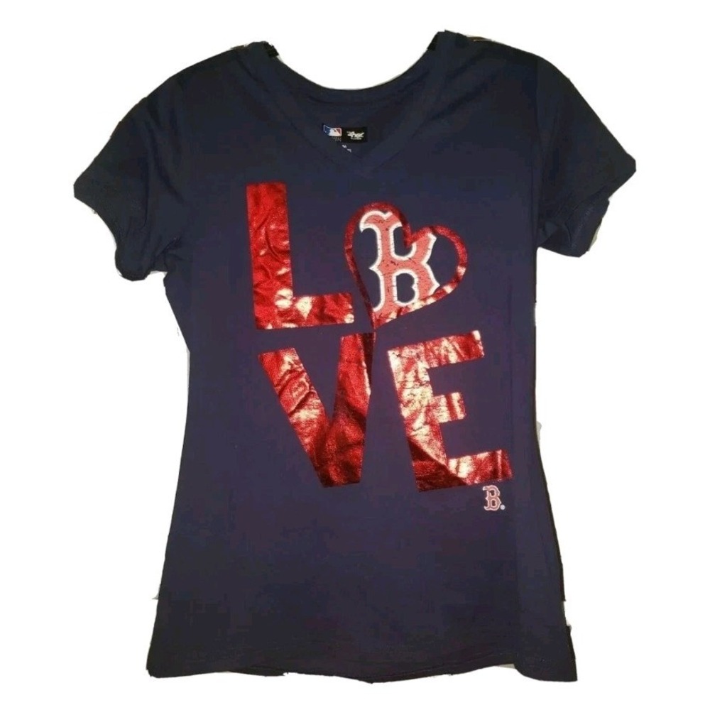 MLB 4Her Boston Red Sox T-Shirt V Neckline Metallic Love logo Size M Blue ‎ NWOT